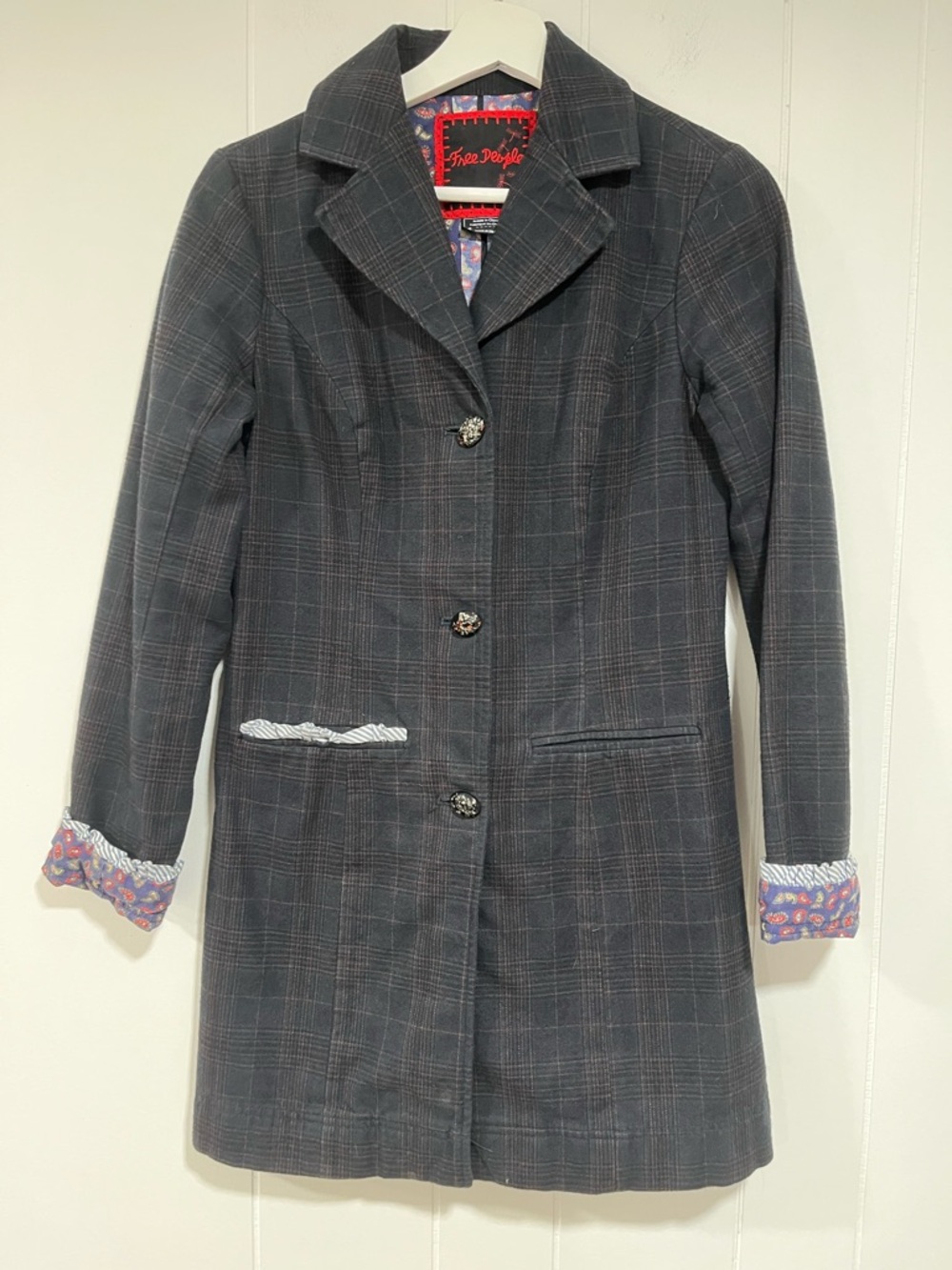 Free‎ People Charcoal Plaid Notched-Collar Trench Coat